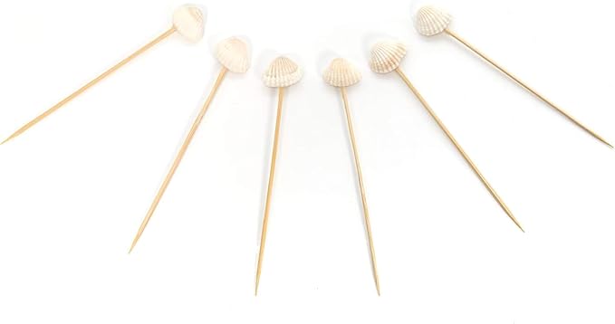 PuTwo 100 pcs Cocktail Picks, 4.7 Inch White Seashell Bamboo Cocktail Picks, Bamboo Toothpicks, Skewers for Appetizers, Mini Food Sticks for Drinks, Sandwiches, Party Supplies