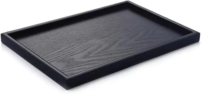 16 x 11 Inches Extra Large Solid Wood Serving Tray for Tea Coffee Table Snack Food Meals Serving Plate Kitchen Party Bar Breakfast Server with Raised Edges Black Wooden Decorative Ottoman Tray