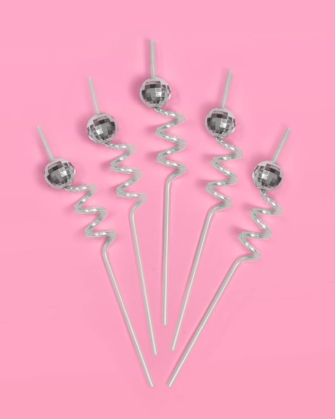 xo, Fetti Disco Ball Reusable Swirly Straw Set - 16 pc | Groovy Birthday Party Supplies, Last Disco Bachelorette Decorations, 70s, Space Cowboy