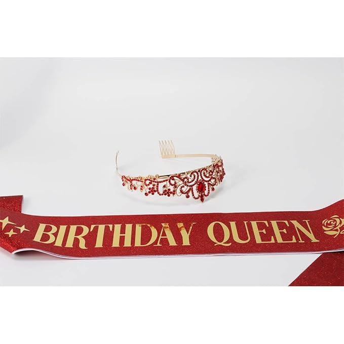 Birthday Queen Tiara & Sash for Women Girls, Rhinestone Headband Princess Crown with comb Happy Birthday Party Decorations Favors Supplies (Red)