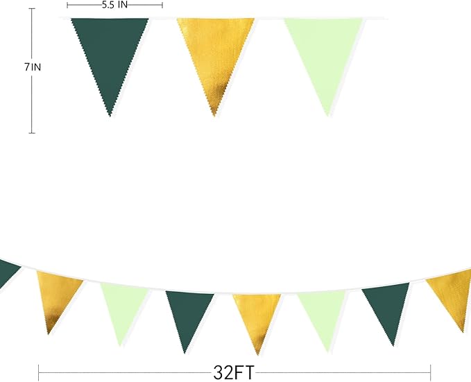 32Ft Dark Green and Gold Decorations Olive Green and Gold Triangle Flag Fabric Banner Pennant Bunting Garland Streamers for Wedding Baby Shower Birthday Home Nursery Outdoor Garden Party Decoration