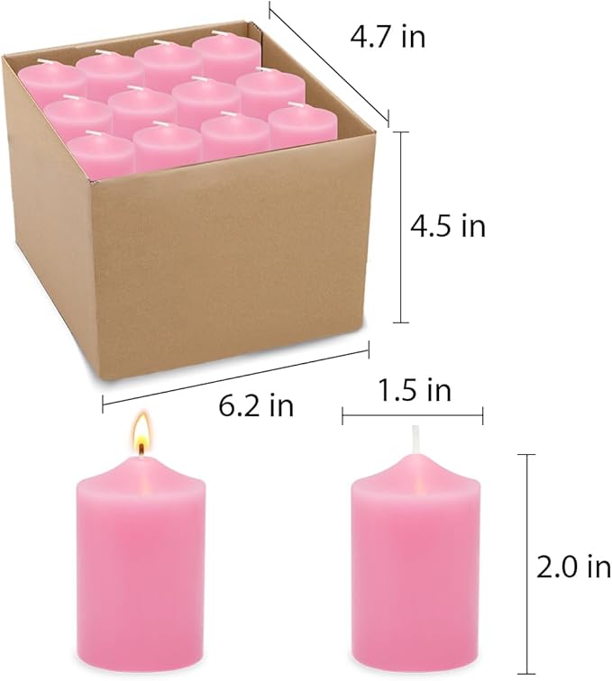 24 Packs Pink Colored Votive Candles, Unscented Small 1.5 Inch Diameter 2.0 Inch Tall Pastel Wax Candles for Wedding, Party & Home Dinner Table Decoration - 12 Hour Burn Time