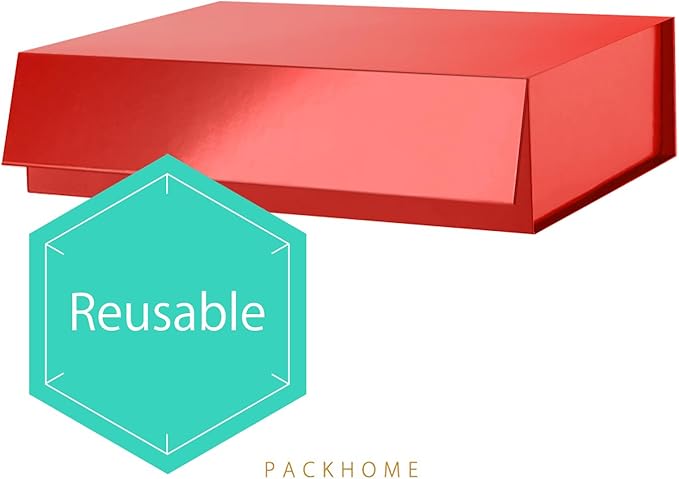 PACKHOME 6 Christmas Large Gift Boxes 13.5x10x3.5 Inches, Sturdy Shirt Boxes with Magnetic Lids for Multiple Occasions (Glossy Red)