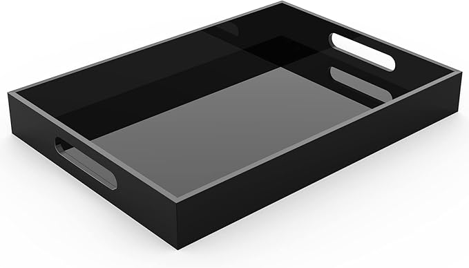 Acrylic Serving Trays with Handles, 16"x 12" Rectangle Sturdy Breakfast Tray, Black Decorative Trays Organiser for Bedroom, Kitchen, Living Room, Bathroom, Hospital and Outdoors