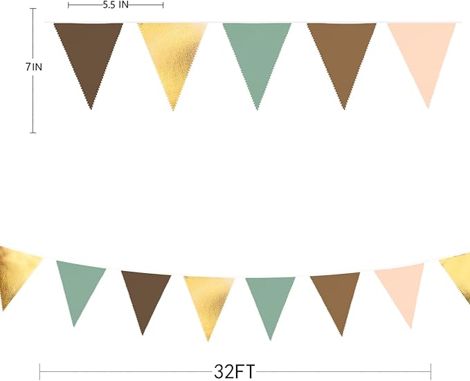 32Ft Sage Green Brown Party Decorations Gold Green Brown Triangle Flag Fabric Banner Pennant Bunting Garland Streamer for Jungle Safari Wild Woodland Dinosaur Birthday Wedding Baby Shower Party Decor