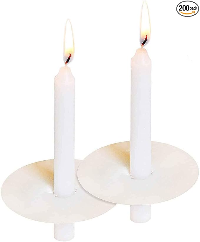 200 Church Candles with Drip Protectors for Devotional Candlelight Vigil Service, Box of 200 Candles, Unscented White 5" H X 1/2" D, No Smoke