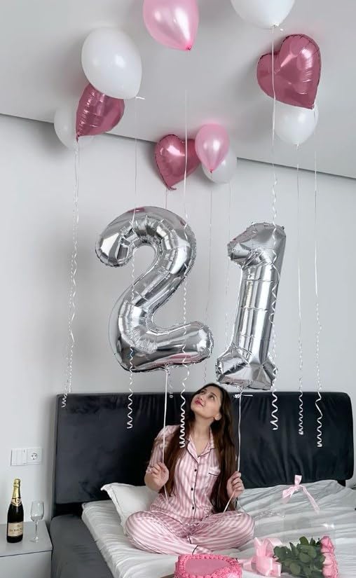 Silver Number 21 Balloon 40 inch, 12 21 Number Birthday Balloon for Boy Girl, Silver 21 for 21 12 Birthday Party, Anniversary Celebration Number Balloons
