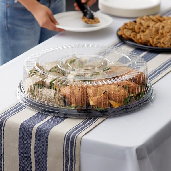 18 Inch Round Black Plastic Catering Tray with High Dome Lid, PET Material, Stackable, BPA Free, 10 Pack