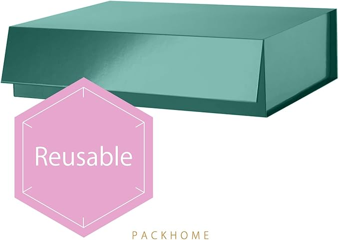 PACKHOME Large Christmas Gift Box 13.5x10x3.5 Inches, Sturdy Shirt Box with Magnetic Lid for Multiple Occasions (Glossy Green)