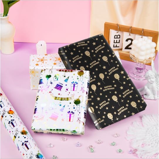 Linnoptimix Birthday Wrapping Paper Rolls -3 LARGE ROLL-27inch*78 inch per roll Colorful Foil wrapping paper (Birthday 1 Black/Gold&1 White/Gold &1White/Colorful Foil(011))