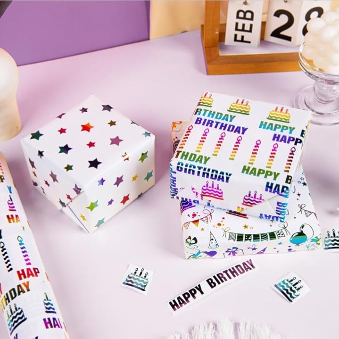 Linnoptimix Birthday Wrapping Paper Roll -3 LARGE ROLL-27inch*78 inch per roll Colorful Foil wrapping paper (Birthday 3 White/Colorful Foil(009))