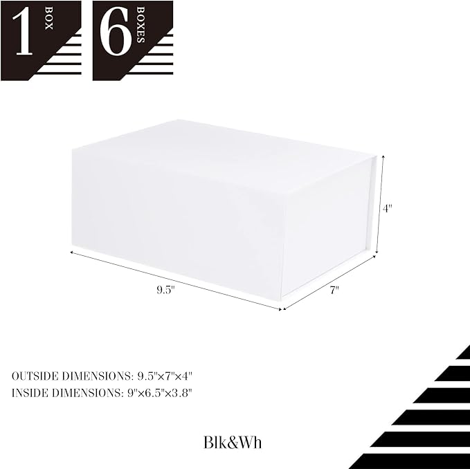 BLK&WH 6 Gift Boxes 9x6.5x3.8 Inches, White Gift Boxes, Gift Boxes with Lids, Bridesmaid Proposal Boxes, Collapsible Gift Boxes for Gift Packaging (Matte White)