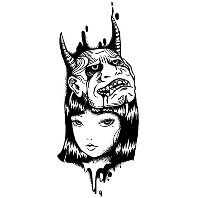 INKARTLINK Tattoo Tech, 2 Sheets Large Semi Permanent Tattoo, Adult Art Design Temporary Tattoos, Lasts 1-2 Weeks, Waterproof, Realistic Look, No Adhesive, No Reflection (Female Devil Design)