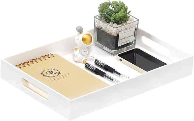 Glossy White Sturdy Acrylic Serving Tray with Handles-10x15Inch-Serving Coffee,Appetizer,Breakfast,Butler-Kitchen Countertop Tray-Makeup Drawer Organizer-Vanity Table,Ottoman Tray-Decorative