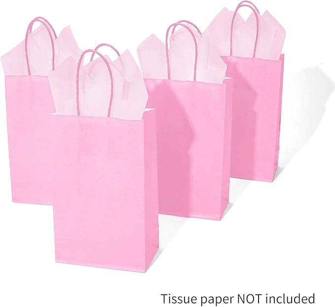 DjinnGlory 100 Pack Small Sized Pink Paper Gift Bags with Handles Bulk for Small Business, Boutiques, Baby Showers, Party Favors & Care Packages, 9x5.5x3.15 Inch