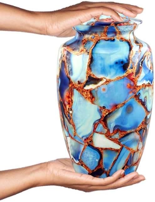 Large Cremation Urn | Handcrafted Marble Finish Adult Cremation Urn | Funeral and Memorial Cremation Urns for Human Ashes up to 200 lbs with Velvet Bag (Luxury Blue)