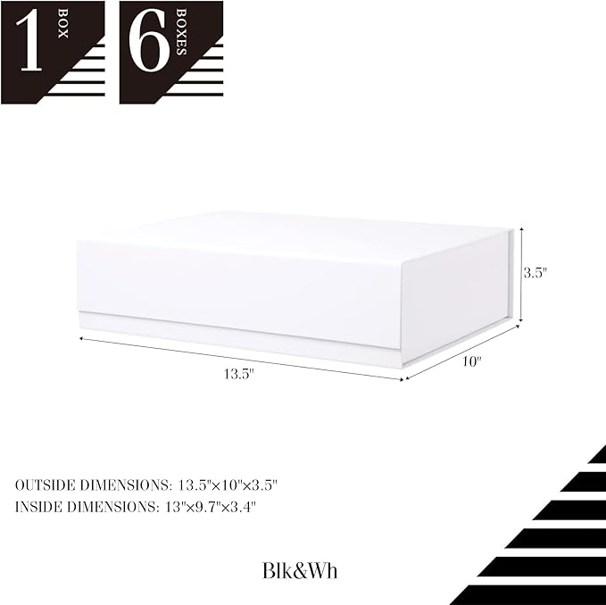 BLK&WH 6 Large Gift Boxes 13.5x10x3.5 Inches, White Gift Boxes with Magnetic Closure Lids, Sturdy Shirt Boxes, Rectangle Collapsible Boxes for Gift Packaging (Matte White)