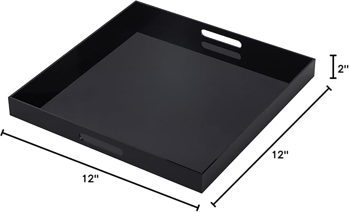 Glossy Black Acrylic Serving Tray with Handles 12x12 Inch -Spill Proof- Decorative Trays Countertop Organizer for Ottoman,Nightstand, Sidetable, Butler (12X12 Inch, Black)