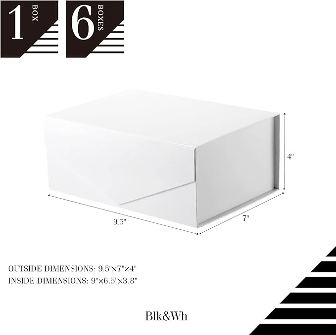 BLK&WH 6 Collapsible Gift Boxes 9x6.5x3.8 Inches, White Bridesmaid Proposal Boxes with Magnetic Closure Lids (Glossy White)