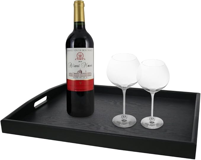 DILLMAN Serving Tray Large Black Wood Rectangle Food Tray Butler Tray Breakfast Tray with Handles (Large)