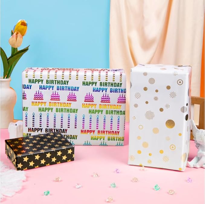 Linnoptimix Birthday Wrapping Paper Rolls -3 LARGE ROLL-27inch*78 inch per roll Colorful Foil White Black wrapping paper(Birthday 1 White/Gold&1 Black/Gold &1White/Colorful Foil(013))