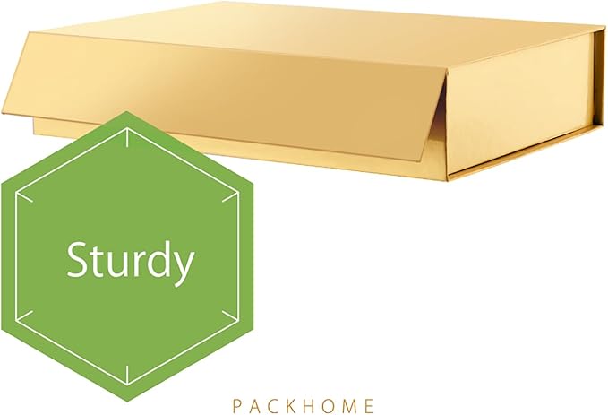 PACKHOME Christmas Gift Box 11.5x8x2.5 Inches, Sturdy Shirt Box with Magnetic Lid for Multiple Occasions (Glossy Gold)