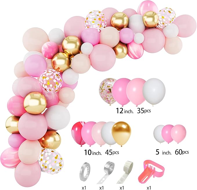 Amandir 144Pcs Pink Balloons Garland Arch Kit Light Pink Gold White Confetti Latex Metallic Balloons for Girl Birthday Baby Shower Wedding Graduation Party Decorations Supplies