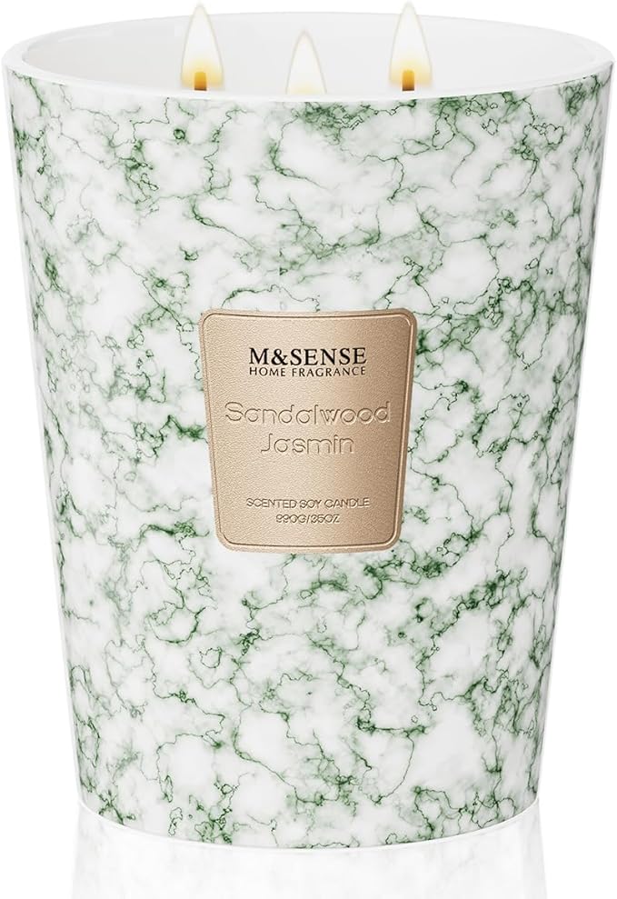 M&SENSE Extra Large Candle 35oz 150H SandalwoodJasmin Scented, 3 Wick Highly Scented Jar Candle, XL Large Christmas Gift Candle for Women, Long Lasting Burning for Holiday, Thanksgiving, Christmas