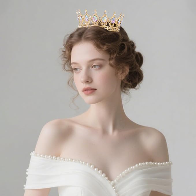 AB Gold Crown for Women Crystal Tiara and Queen Crown for Girl Wedding Headband for Bride Hair Accessories for Costume Birthday Party Cake Decoration Prom