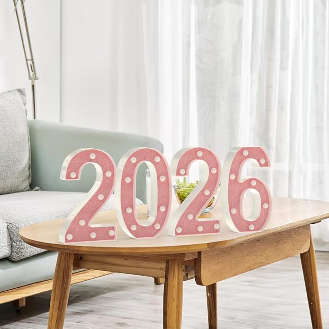 Marquee Numbers 2026 Light up Numbers Battery Powered LED Light for 2026 New Years Decorations Pink Glitter Plastic Number Docor for New Years Eve Graduation Christmas Birthday Party Supplies