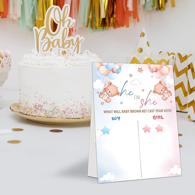 LNOKRIM Gender Reveal Party Games, Bear Theme Baby Gender Reveal Voting Board Sign, 54 Boy Girl Voting Stickers, He or She, Gender Reveal Party Centerpiece Decorations (12x17)