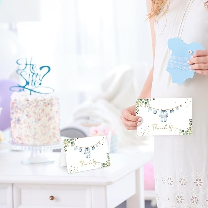 Whaline 50 Pack Baby Shower Thank You Cards Boxed Blue Cloth Note Card with Envelopes Stickers Greeting Blank Cards for Boy Birthday Baby Shower