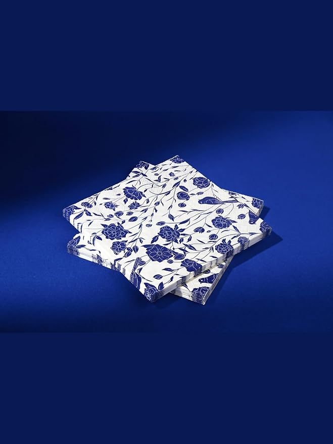 20 Pack Designer Paper Napkins, 3-Ply 6.5x6.5-inches Disposable Decorative Blue and White Porcelain Lunch Cocktail Napkin for Wedding Event/Birthday/Anniversary Party/Baby Shower