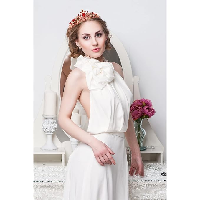 Velscrun Princess Crown, Tiara & Sash Set for Girls, Red, Wedding & Party Accessory