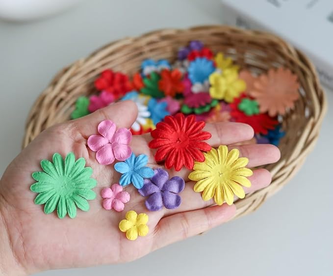100 Pcs Handmade Mixed Flowers Mulberry Paper Flowers 18 mm - 1.5 Inch Scrapbooking Wedding DIY Craft Supplies Card. (Mixed 10 Coloes).