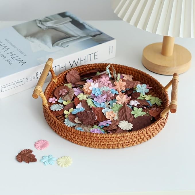 200 Pcs Handmade Mixed Mulberry Paper Flowers Petals and Leaves Scrapbooking Wedding DIY Craft Supplies Card (10 Colors Flowers/Brown Tone Leaves)