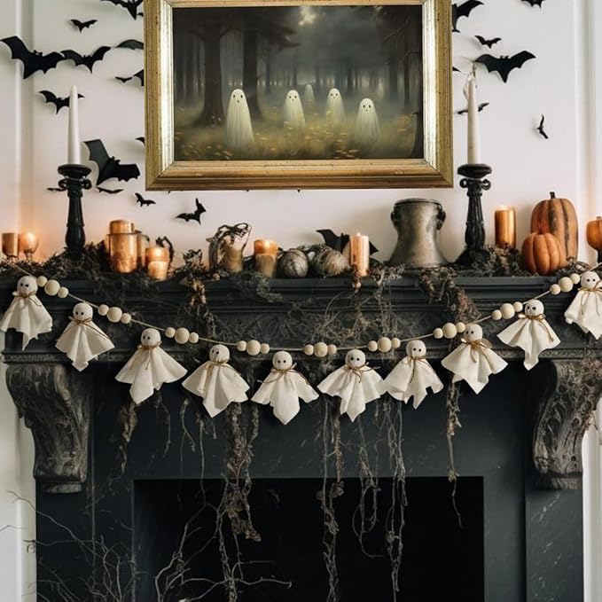 7Ft Cute Halloween Ghost with Wooden Beads Garlands, Handmade Rustic Halloween Banner for Wall Home Indoor Outdoor Spring Decor Supplies, White