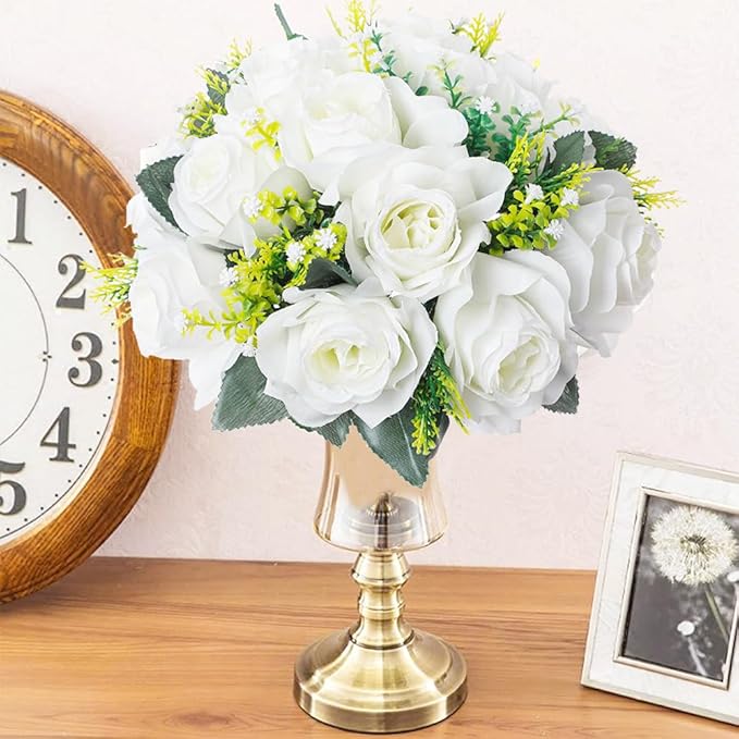 10Pcs Artificial Flower Ball Arrangement, 9.5" 15 Heads Wedding Roses Bouquet with Base Suitable for Parties Valentine's Day Wedding Centerpieces Flower Rack and Home Decor (White)