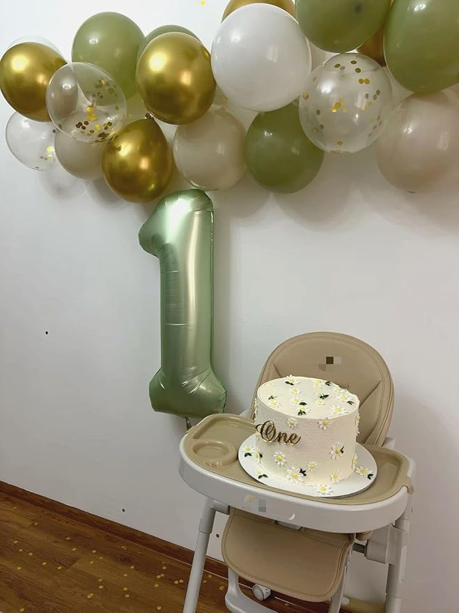 Sage Green Number 1 Balloon 40 inch, Number 1 Birthday Balloons for Boy Girl, Oliver Green Foil One Balloon for 1st 10 11 12 16 18 Birthday Party, Anniversary Celebration Number Balloons Decorations