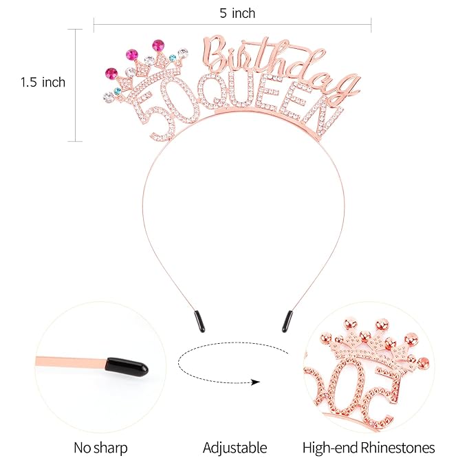 VELSCRUN 50th Birthday Queen Headband, Tiara Crown for Women, 50th Birthday Decorations for Her, Birth Queen Tiaras Crowns Sash for Women Mom Birth Party Decoration Hair Accessories Rose Gold
