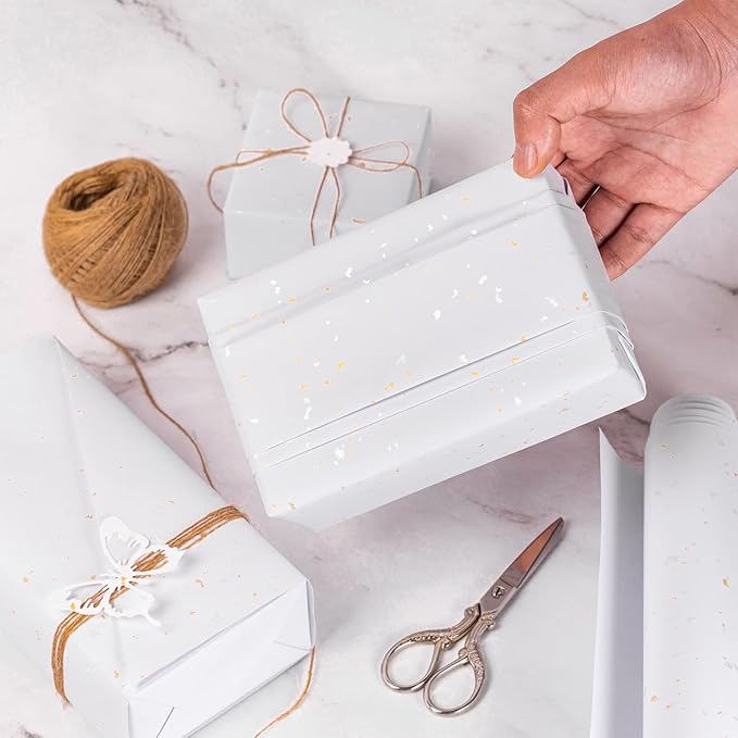 WRAPAHOLIC White Wrapping Paper Roll - Mini Roll - 17 Inch x 16.5 Feet - White Gold Design with Silky Touch Perfect for Birthday, Wedding, Baby Shower, Holiday