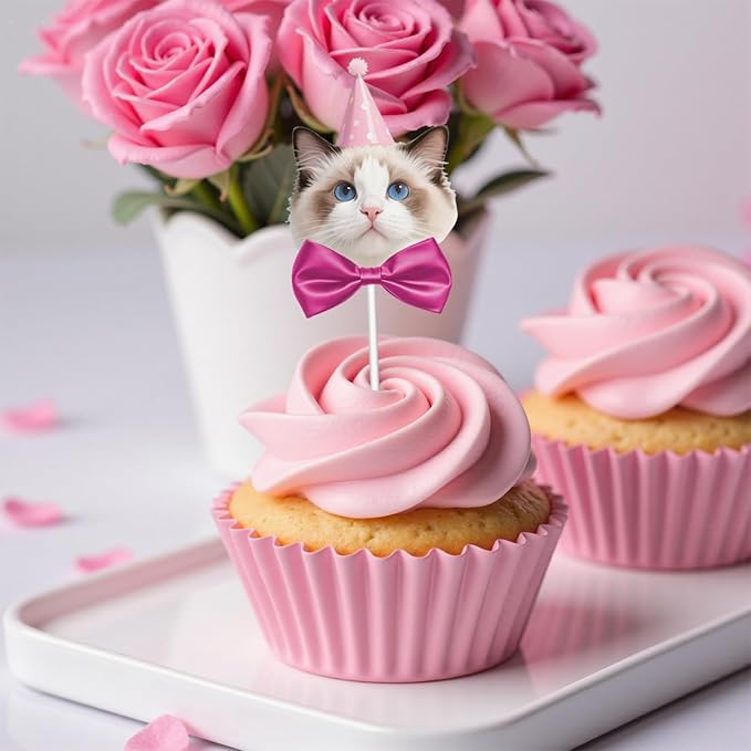 24 Pcs Adorable Cat Cupcake Topper,8 Unique Designs About Cute Cats with Party Hats Cupcake Decorations for Cat Theme Birthday Party Supplies