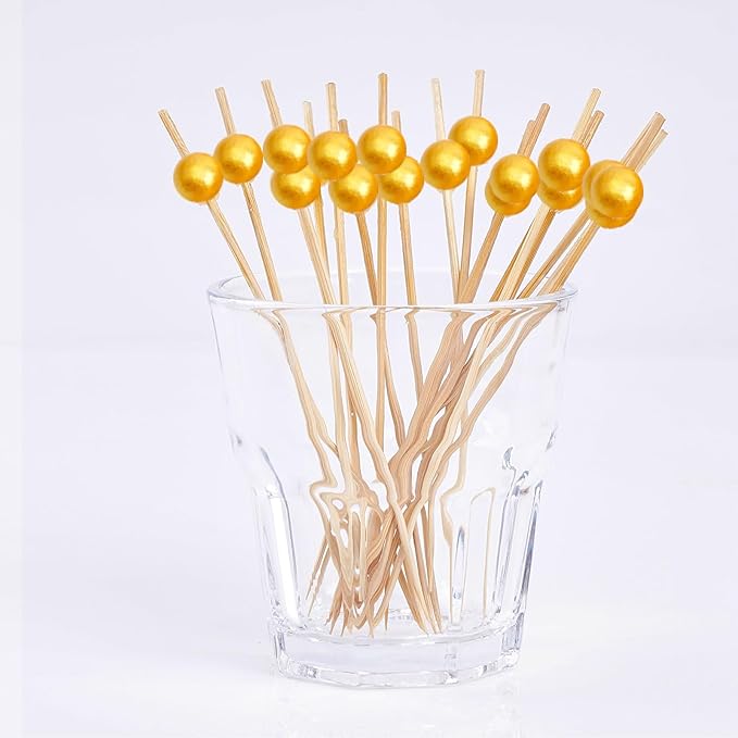 PuTwo Cocktail Picks Handmade Bamboo Appetizer Toothpicks 100 Counts 4.7” Yellow Pearls