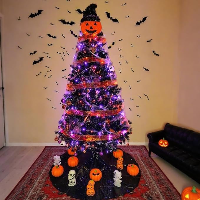 YEGUO 66ft 200 LED Orange and Purple Halloween Lights Outdoor Waterproof, Green Wire Christmas String Lights Indoor, 8 Modes Twinkle Tree Lights Plug in with Timer Memory