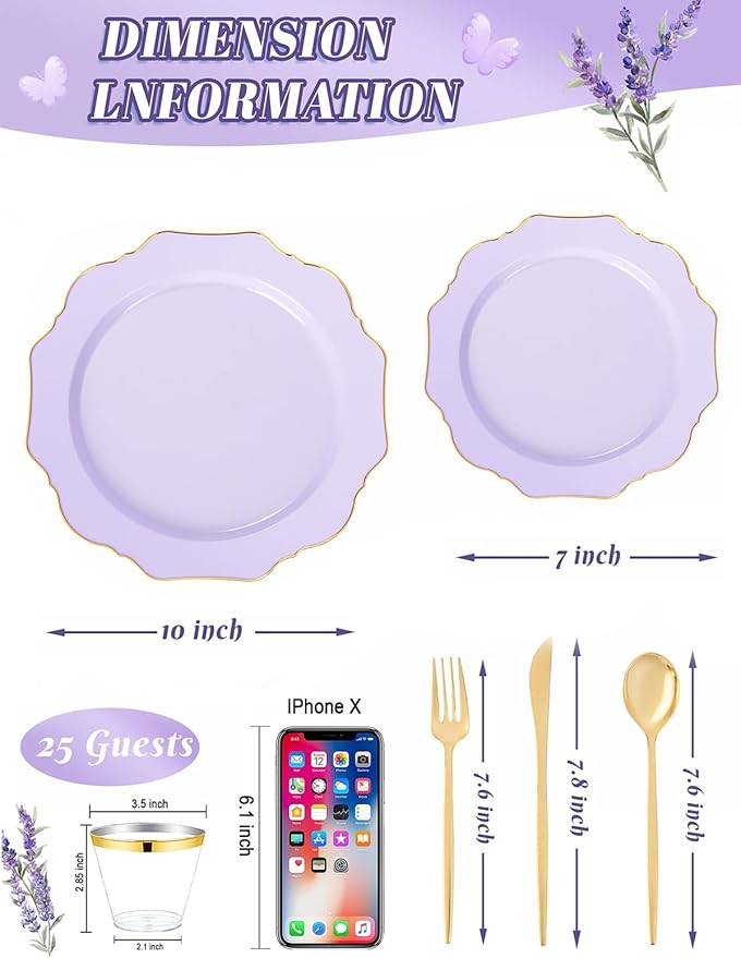 WDF 175Pcs Purple Plates Disposable - Lavender Plastic Plates 25guest Plastic Dinnerware Ideal for Birthday Party/Wedding/Spring/Picnic