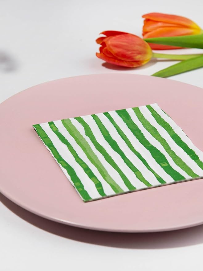 80 Pack Designer Cocktail Beverage Napkins, 3-Ply 5x5-inches Disposable Decorative Fall Winter Green and White Stripe Watercolor Napkin for Wedding Birthday Anniversary Party Baby Shower