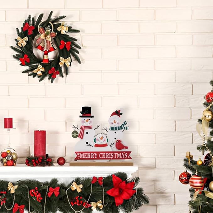 Christmas Decorations for Home Farmhouse Merry Christmas Decor Indoor Wooden Snowman Sign Snowmen Family Rustic Winter Vintage Holiday Block Tabletop for Kitchen Xmas Party Mantel Tiered Tray Gift