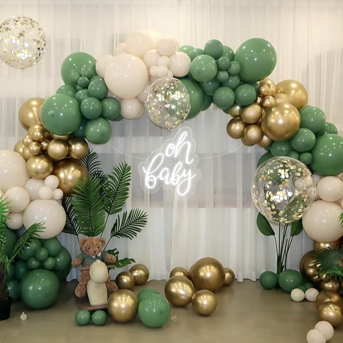 Sage Green White Gold Balloon Arch Kit, 166Pcs Sage Green White Sand Gold Metallic and Gold Confetti Balloons Garland for Baby Shower Gender Reveal Wedding Jungle Safari Party Decoration