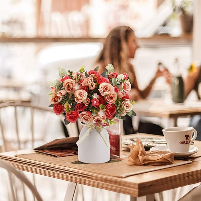 LESING Artificial Silk Rose with Vase Fake Flowers Wedding Flowers Bouquets Arrangement Home Office Party Centerpiece Table Decoration (Red)