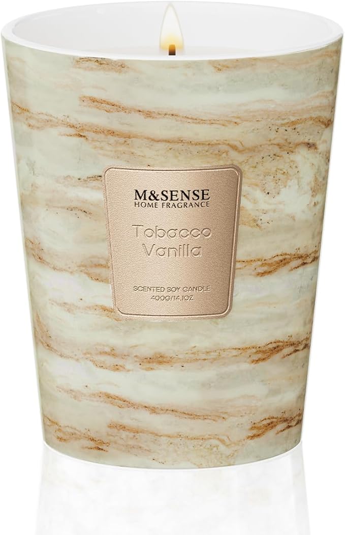 M&SENSE Tobacco Vanilla Scented Candles for Home, 3 Wick Highly Scented Jar Candle, 14.1 Oz 80H Long Lasting Burning Christmas Candle for Women, Aromatherapy Candles for Holiday Christmas Gift